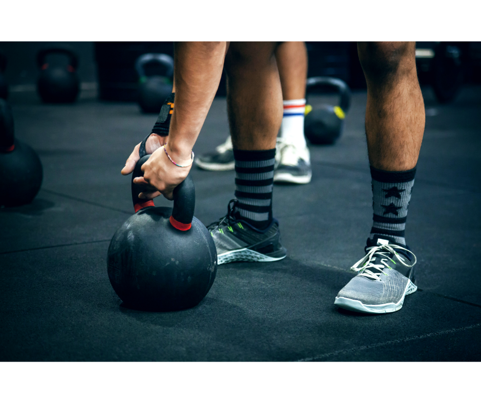 An image of individuals performing strength training exercises outdoors, such as kettlebell swings